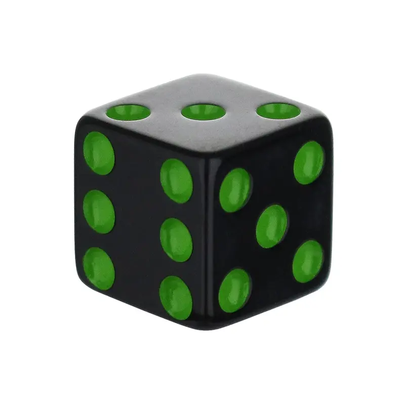 16mm Square-Edged Dice – Jet Black Body with Lime Green Dots