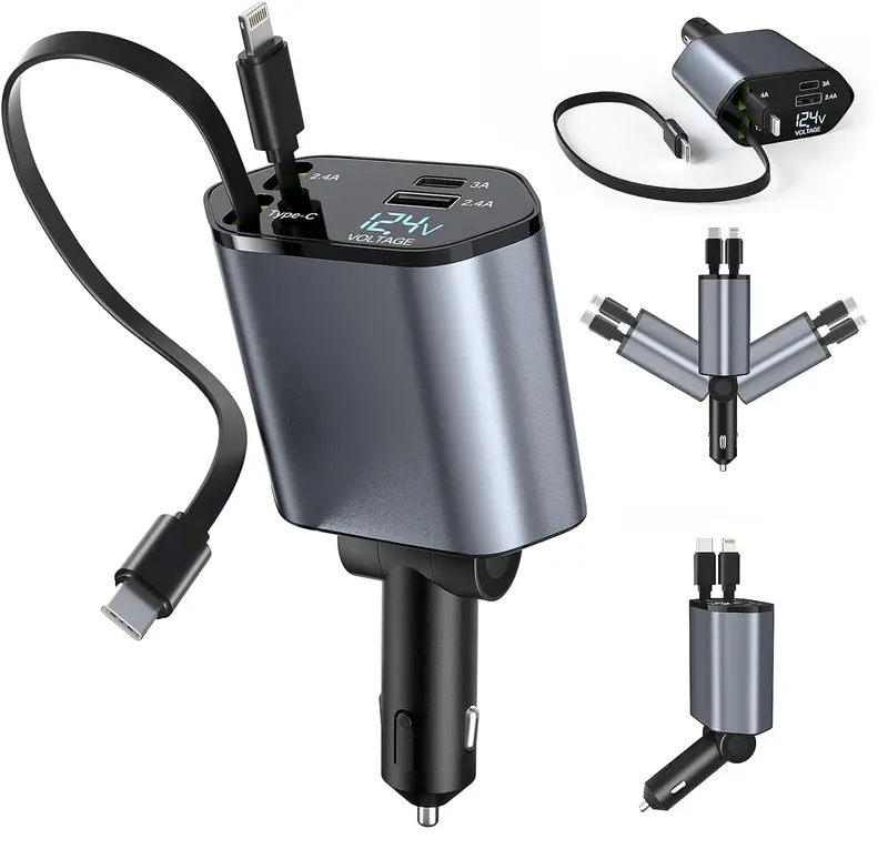 4-Port 120W Retractable Car Charger – Fast USB-C PD & QC Charging Station for Multiple Devices