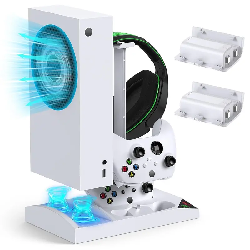 Xbox Series S Vertical Charging Dock — Dual Controller Charger with Cooling Fan, 2 × 1400mAh Batteries, and Accessory Shelf